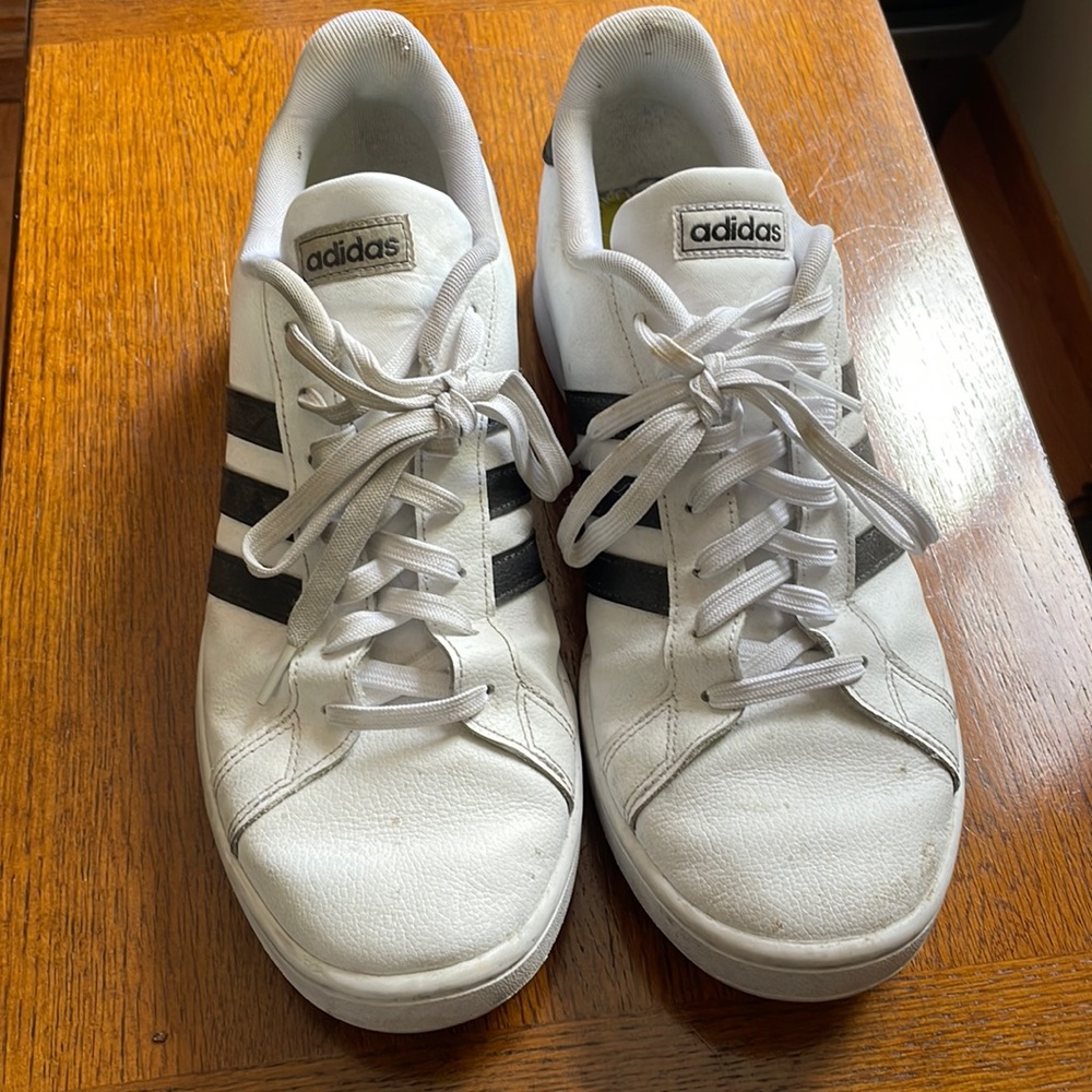 Adidas white with blue stripes athletic shoes mens 12 1/2